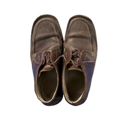 male brown old leather shoes isolated on a white, top view