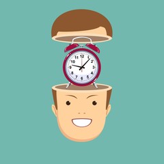time management concept. Open minded man with alarm clock inside. Conceptual image .Stock vector illustration for poster, greeting card, website, ad, business presentation, advertisement design