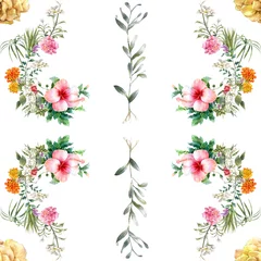 Rolgordijnen Watercolor painting of leaf and flowers, seamless pattern on white background © photoiget