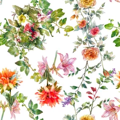 Fotobehang Waterverf het schilderen van blad en bloemen, naadloos patroon op witte achtergrond © photoiget