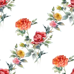 Fotobehang Watercolor painting of flowers, rose , seamless pattern on white background © photoiget