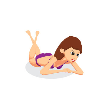 Young woman in bikini sunbathing lying on the beach. Vector flat cartoon illustration isolated on a white background