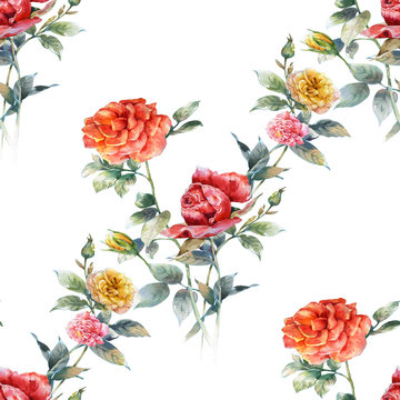 Watercolor painting of flowers, rose , seamless pattern on white background