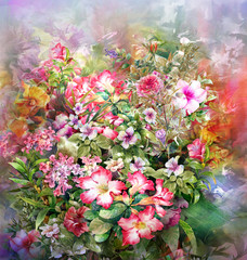 Obrazy na Szkle  Malarstwo akwarela streszczenie kolorowe kwiaty. Wiosna wielokolorowa w naturze.