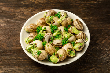 Snails in green butter and herbs sauce, typical French dish