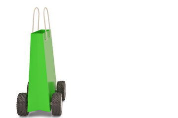 Shopping Bag box with wheels shipping concept.3D illustration