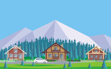 The image of the cottage settlement against the background of the coniferous forest and mountains. Beautiful summer landscape. Vector background.
