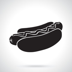 Vector illustration. Silhouette of hot dog with mustard. Unhealthy food. Patterns elements for menus, signboards, showcases, wallpapers