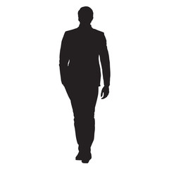 Young business man in suit goes forward, front view, isolated vector silhouette