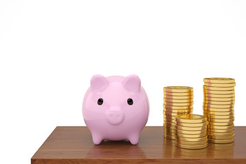 Pink piggy bank with gold coin stacks on the wood board.3D illustration