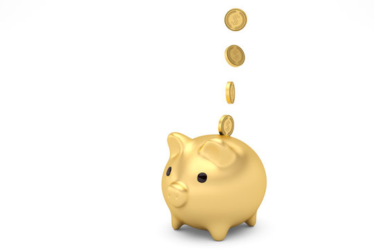 Gold piggy bank with coins falling into slot isolated on white.3D illustration