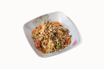 Papaya salad isolated on white background.