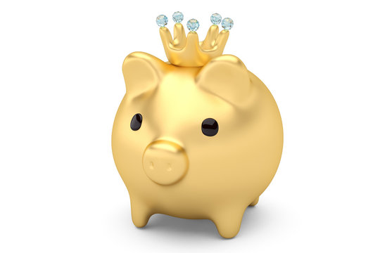 Gold piggy bank with crown.3D illustration