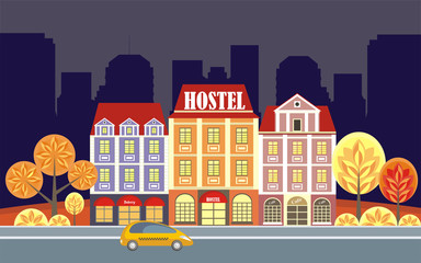 Hostel in the historical center of large European cities. Vector illustration.