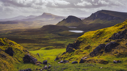 Landscape view of Quiraing mountains on Isle of Skye, Scottish highlands - obrazy, fototapety, plakaty