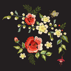 Embroidery traditional folk pattern with red roses. Vector embroidered floral bouquet template with flowers and butterfly for clothing design.