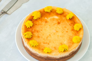 Close up of homemade New York style cheesecake garnished with dandelions served on a white plate on a white stone background.