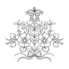 Outline vintage flowers bouquet or pattern in rococo, victorian, renaissance, baroque, royal style. Coloring page. Stock line vector illustration.