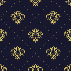 Dark blue and gold vector vintage seamless pattern