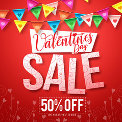 Valentines sale vector design with colorful hanging streamers of hearts in red background for shopping promotion. Vector illustration.
