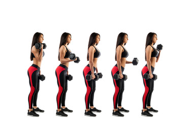 Stages of execution on a bicep with dumbbells, beautiful young woman, isolated white background