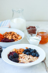 Healthy breakfast concept. Homemade granola with blackberry, dry cranberry, blueberry, almond, yogurt in a jar, sour cream and milk on a wooden background. Close up and copy space.