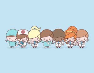 Cute chibi kawaii characters profession set. Hospital medical staff team doctors on warm background. Flat cartoon style