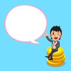 Cartoon a businesswoman sitting on money coins with white speech bubble