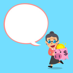 Cartoon senior woman carrying piggy bank with white speech bubble