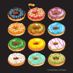 Set of colorful glazed donuts with sprinkles. 12 home made donuts in pastel tones with different fillings and toppings. Vector Illustration