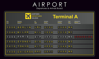 Scoreboard airport with destination information, cities, schedule. Departures and arrivals board. Vector illustration
