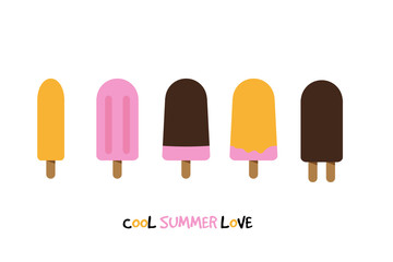 Five ice creams on white background with text cool summer love