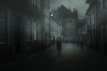 Misty town with blurred people