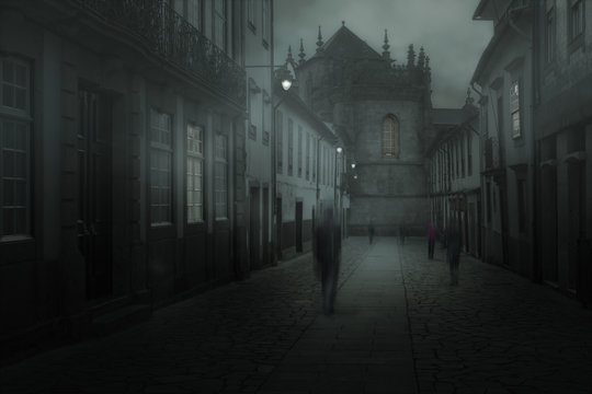 Misty town with blurred people