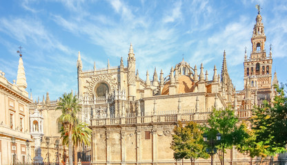 Fototapeta premium Katedra Najświętszej Marii Panny (Catedral de Santa Maria de la Sede) z Giralda w Sewilli, Hiszpania.