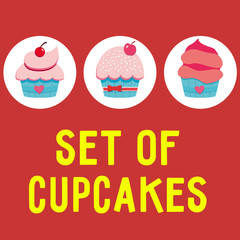 Vector illustration of 3 Cupcakes on red background/3 yummy cupcakes