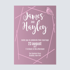 Lilac with stripes and a bird floral wedding invitation card template vector