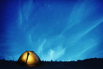 Door stickers Camping Illuminated camping tent at night