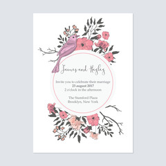 Text in a circle with flowers and birds floral wedding invitation card template vector
