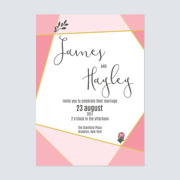 Linear geometry pink floral wedding invitation card template vector
