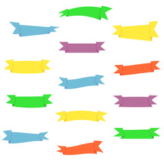 Flat vector colorful ribbons set. Blue, yellow, purple, red, green nice simple ribbons collection