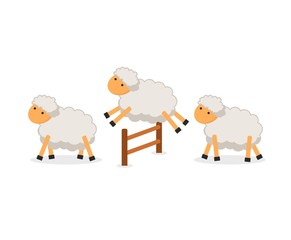 Cute sheep jumping over fence isolated on white background. Counting sheep to fall asleep. Vector illustration