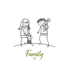 Vector hand drawn family time concept sketch with father and mother holding their little daughter and son