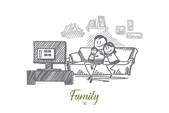 Vector hand drawn family time concept sketch with father, mother and little child sitting on sofa and watching TV together