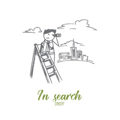 Vector hand drawn In search concept sketch. Man standing at ladder and looking from binoculars afar