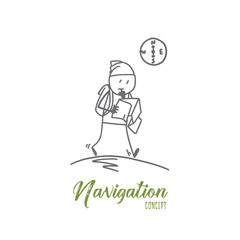 Vector hand drawn Navigation concept sketch. Tourist man with backpack and map walking alone