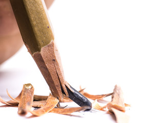 Closeup pencil with a broken tip on white  background