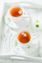 Healing tea with honey with spring flowers