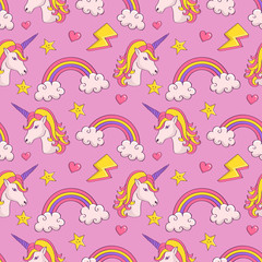 Vector seamless pattern with unicorns and rainbows.