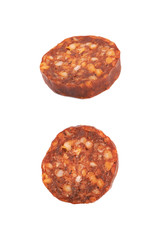 Single slice of a chili sausage isolated